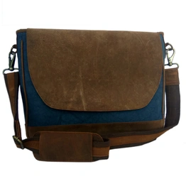 Desert Town Unisex Crazy Horse Leather & Canvas 9 Ltr. Blue & Brown Laptop Messenger Bag 15X12"-(MES