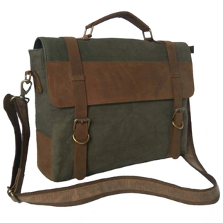 Desert Town Unisex Crazy Horse Leather & Canvas 11 Ltr. Green & Brown Laptop Messenger Bag 15X13