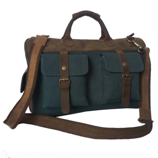 Desert Town Unisex Crazy Horse Leather & Canvas 30 Ltr. Blue & Brown Laptop Messenger Bag 18X11