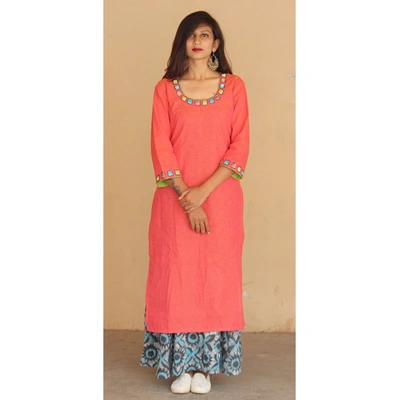 Peach South Cotton Kurta with Gorgeous Hand Embroidery and Batik Printed Palazzo