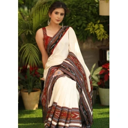 White Linen Digital Printed Saree - Elegant & Versatile