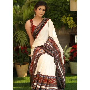 White Linen Digital Printed Saree - Elegant & Versatile