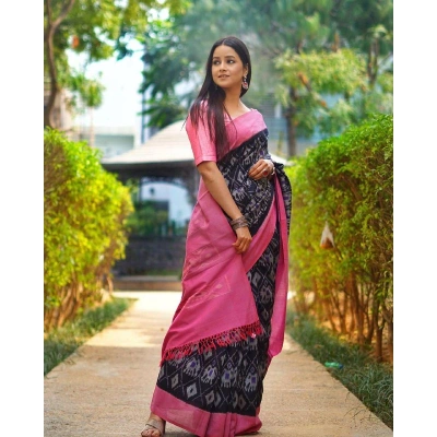 Pink Linen Saree with All-Over Digital Print - Elegant & Comfortable