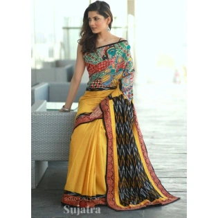 Pure Plain Linen Yellow Saree With Digital Print