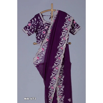 Purple Premium Georgette Embroidery Work Saree With Blouse