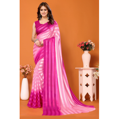 Elegant Women Striped Saree with Contrast Border - Georgette Fabric