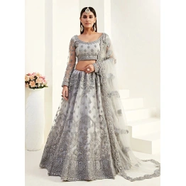 Shimmering Grey Net Lehenga Choli Set with Detailed Thread Work