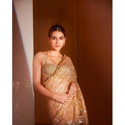 Kriti Sanon Gold Net Sequenced Worked Saree - Exquisite Thread & Sequence Work