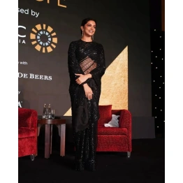 Deepika Padukone Black Nylon Butterfly Net Thread Work Saree