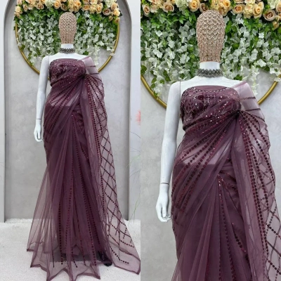 KINJAL Fashionable Net Silk Sequence Work Saree - Exquisite Ethnic Attire for Women