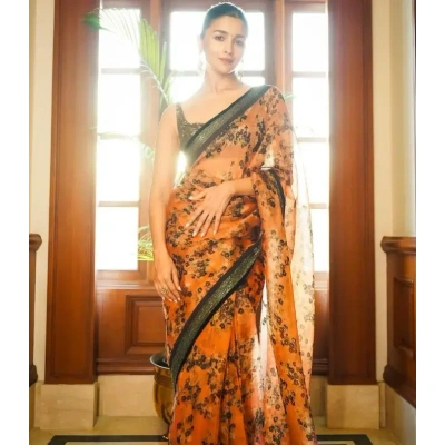 Alia Bhatt Orange Color Organza Silk Digital Flower Printed Saree