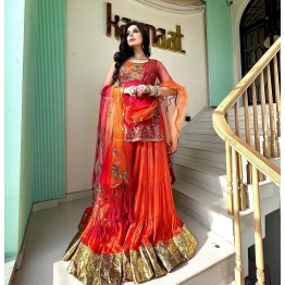 Exclusive Orange & Red Pure Georgette Sequence Work Sharara Suit