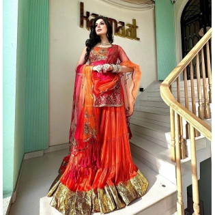 Exclusive Orange & Red Pure Georgette Sequence Work Sharara Suit