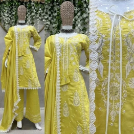 Yellow Maslin Silk Kurti Pant Set With Beautiful Embroidery and Dupatta