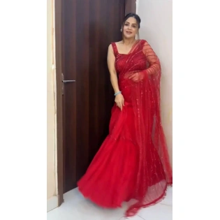 Ready To Wear Red Thread Work Net Lehenga Saree