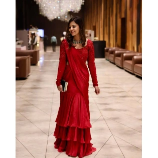 Red Chinon Silk Lehenga Drape Saree