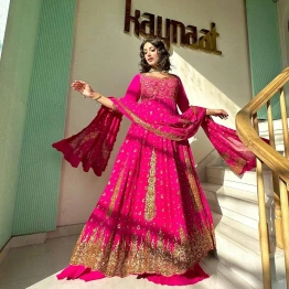 Outstanding Zari With Sequence Work Pink Sahara Suit