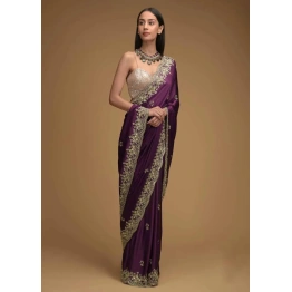 Wine Purple Saree In Satin With Hand Embroidered Scalloped Border And Floral Buttis Along With Unstitched Blouse