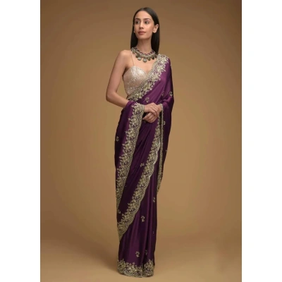 Binal Wine Purple Saree In Satin With Hand Embroidered Scalloped Border And Floral Buttis Along With Unstitched Blouse