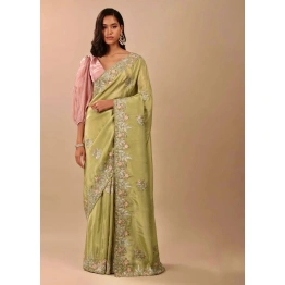 Elegant Grass Green Chinon Silk Saree with Intricate Embroidery Work