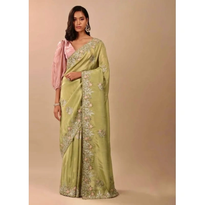 Elegant Grass Green Chinon Silk Saree with Intricate Embroidery Work