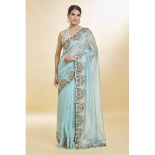 Blue Organza Hand Embroidered Sequin Resham Bordered Saree