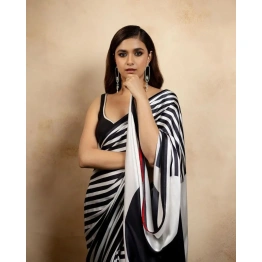 Exclusive Black-White Japan Satin Digital Print Work Saree With Blouse