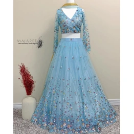 Sky Blue Color Soft Net Sequence And Thread Work Lehenga Choli