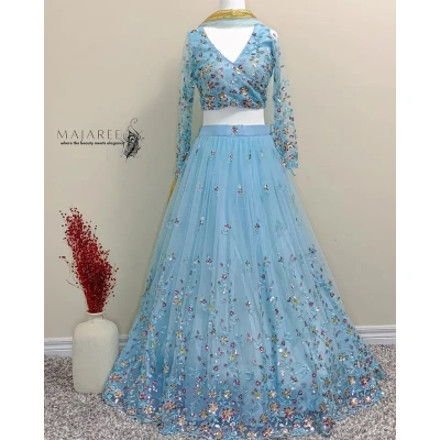 Sky Blue Color Soft Net Sequence And Thread Work Lehenga Choli