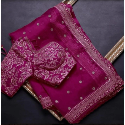 Pansy Purple Organza Silk Saree with Heavy Embroidery Work