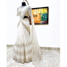 Luxurious White Net Lehenga Saree with Blouse