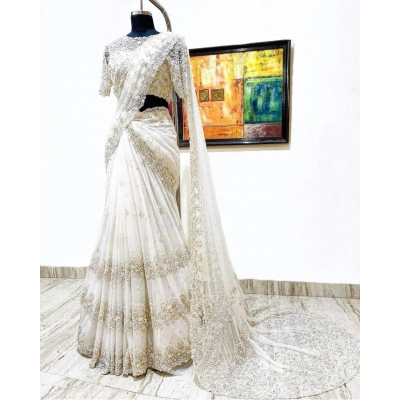 Luxurious White Net Lehenga Saree with Blouse