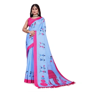 Khadi Silk Warli Printed Saree with Unstitched Blouse for Women