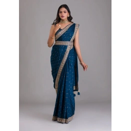 Peacock Blue Silk Saree with Zari and Sequins