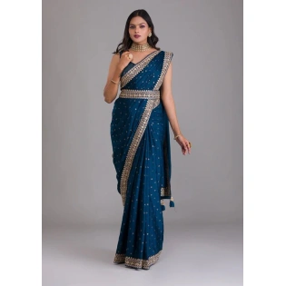 Peacock Blue Silk Saree with Zari and Sequins