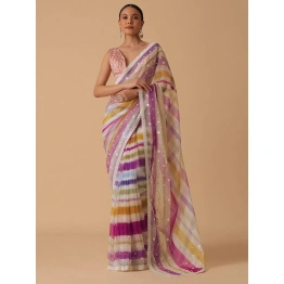 Pink Georgette Striped Saree With Unstitched Blouse Piece