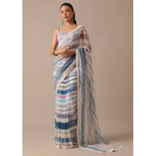 Blue Georgette Striped Saree With Unstitched Blouse Piece