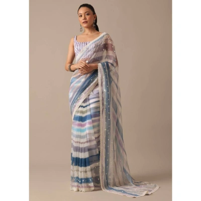 Blue Georgette Striped Saree With Unstitched Blouse Piece