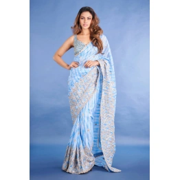 Baby Blue Georgette Printed Classic Saree with Gold Sequin Work