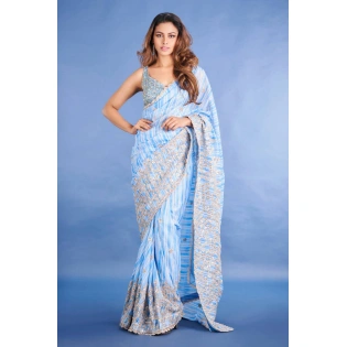 Baby Blue Georgette Printed Classic Saree with Gold Sequin Work