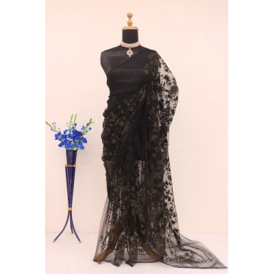 Elegant Wedding Wear Chain Stitch Embroideries Net Fabric Saree with Blouse