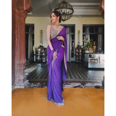 Purple Georgette Hand-Embroidered Saree: Glamour & Sophistication