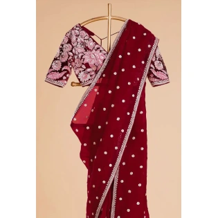 Exquisite Dark Red Color Jimmy Choo Saree with Sequence Embroidery and Heavy Blouse