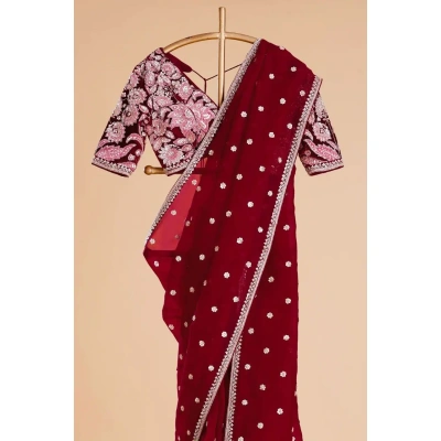 Exquisite Dark Red Color Jimmy Choo Saree with Sequence Embroidery and Heavy Blouse