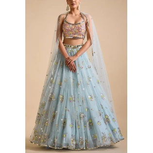 Exquisite Icy Blue Floral Embroidered Lehenga Set