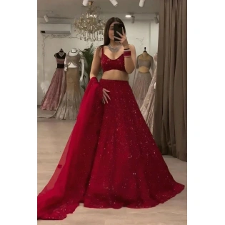 Heavy Flair Crop Top Red Lehenga Set | Chinon Silk Lehenga