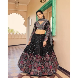 Black Floral Print Georgette Embroidered Lehenga