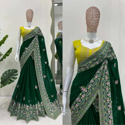 Exquisite Green Color Wedding Saree in Georgette with Thread Embroidery and Blouse