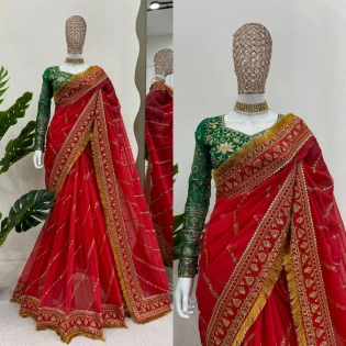 Red Organza Silk Embroidered Wedding Saree