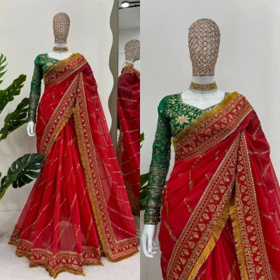 Red Organza Silk Embroidered Wedding Saree